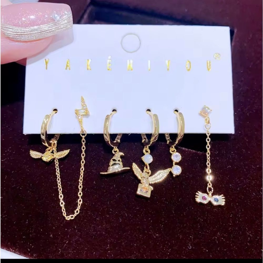 14K Gold Plated Harry Potter Mismatched Set Hoop Dangle Earrings - Picture 2 of 5